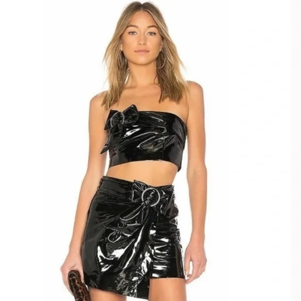 Lovers & Friends Black Faux Leather Mini Skirt with Bow Belt Size Medium
